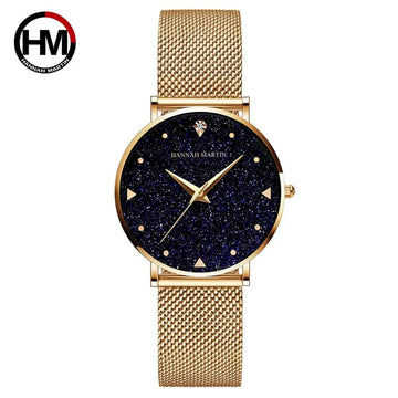 Elegant Golden Tone Ladies Wristwatches Quartz Movement Stainless Steel Mesh Band Night Stars Face Watches For Women